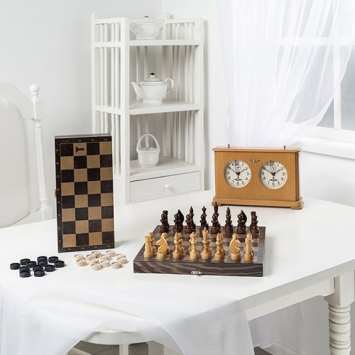 Игра 2в1 дорожная венге, рисунок золото с походными деревянными шахматами (шашки, шахматы) 